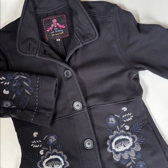 Johnny Was Black Gray Floral Embroidered Long Button Cotton Jacket Women Medium - Picture 1 of 16